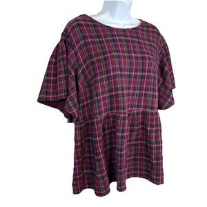 Terra & Sky 1X (16-18W) Flutter Baby Doll Top Plaid Cottage Prairie Peasant